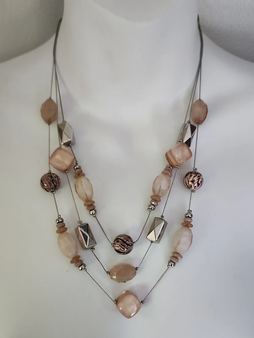 Multi-Strand Beige Stone & Silver Bead Necklace - NY Collection